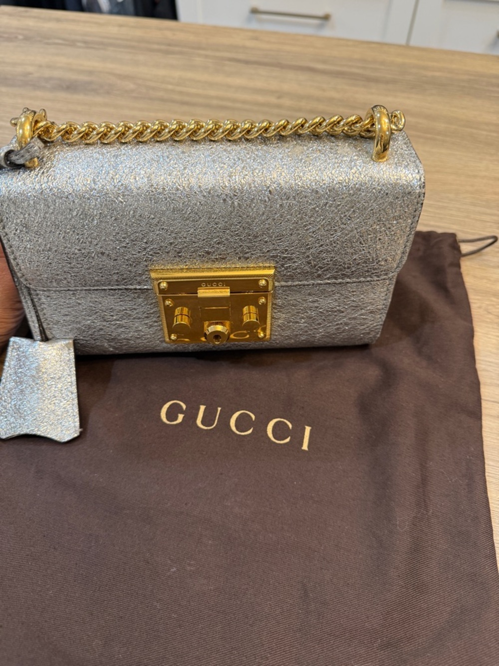 Gucci Silver Metallic Crossbody with Gold Chain and Hardware
